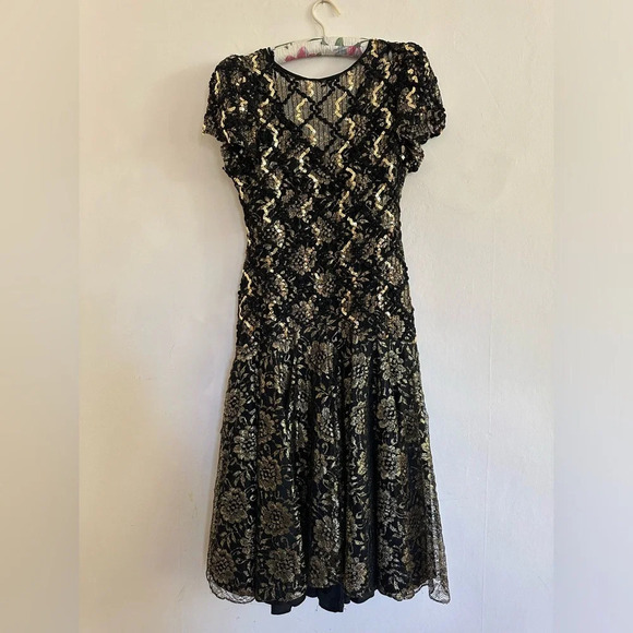 Vintage 80s Sequin Evening Dress Black Gold Floral Lace Size Small Formal - Picture 8 of 14